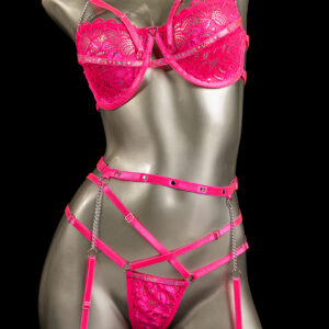 conjunto liguero fucsia neón