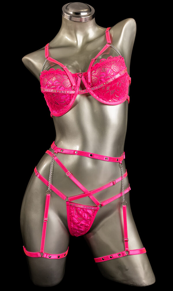 conjunto liguero fucsia neón