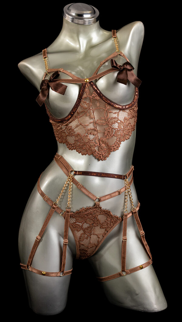 conjunto liguero café moños