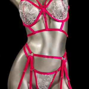 conjunto liguero blanco-magenta
